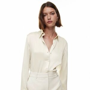 Aritzia Babaton New Amargo Stretch Satin Blouse Button Down Sz Large Pearl White